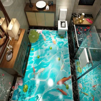 Lotus Carp Chinese wind 3D floor painting thickened bathroom living room kitchen lobby flooring mural
