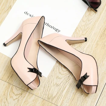 Women high heel shoes Women Genuine leather Peep toe shoes Summer Pumps Thin heel Solid color Black Pink Shallow Sandals
