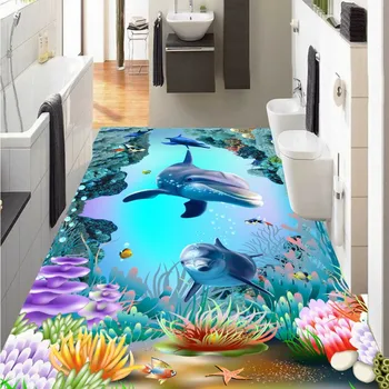 Custom 3D Sea World Dolphin flooring painting wallpaper kitchen studio office floor mural
