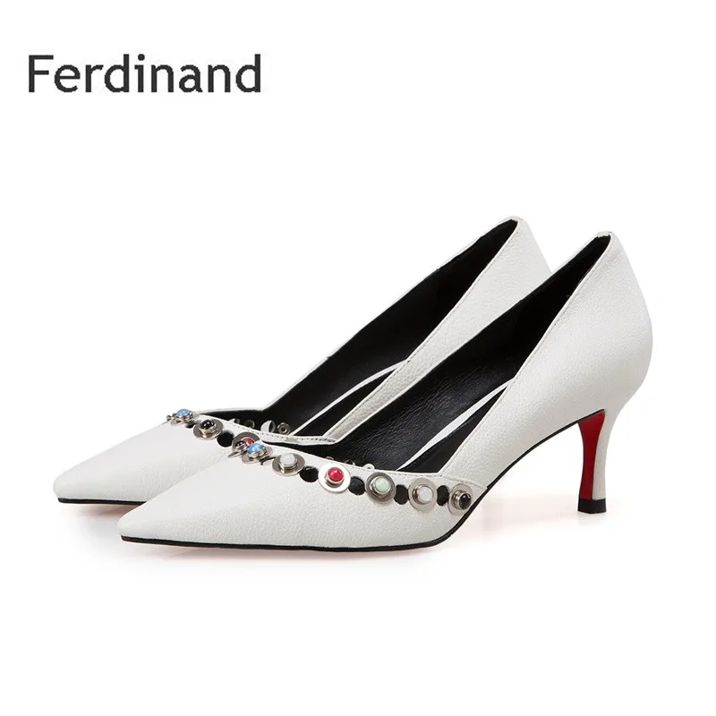 Women Summer Pumps Women high heel shoes Full Genuine leather Rivet Shallow Pointed toe Thin heel Black White Ladies party shoes