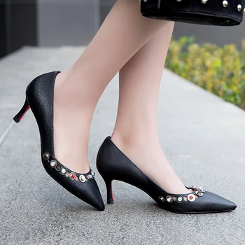 Women Summer Pumps Women high heel shoes Full Genuine leather Rivet Shallow Pointed toe Thin heel Black White Ladies party shoes