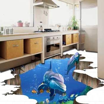 3D naked eye underwater world dolphin ground painting photo floor wallpaper mural