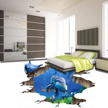 3D naked eye underwater world dolphin ground painting photo floor wallpaper mural