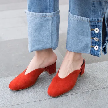 Women Slingbacks Pumps Suede Genuine Leather high Heels Shoes Ladies 2017 Spring and Summer New Shoes Shallow Red Black