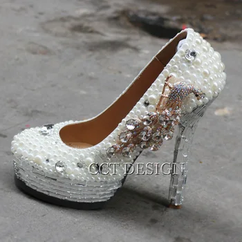 New Women Platform High Heels White Pearl Rhinestones Wedding Shoes Gorgeous 14CM/10CM Party Dress Bridal Shoes