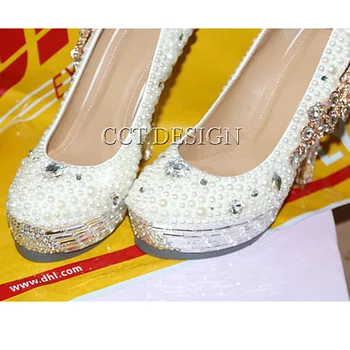 New Women Platform High Heels White Pearl Rhinestones Wedding Shoes Gorgeous 14CM/10CM Party Dress Bridal Shoes