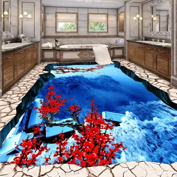 Street park swimming pool snow valley plum 3D painting bathroom living room thickened flooring wallpaper mural