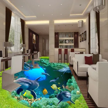 Custom hotel aquarium decoration Sea World Dolphin Coral self-adhesive wear flooring wallpaper mural