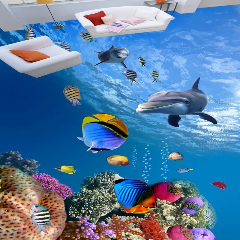 Custom square bathroom floor sticker underwater world floor waterproof self-adhesive wallpaper mural