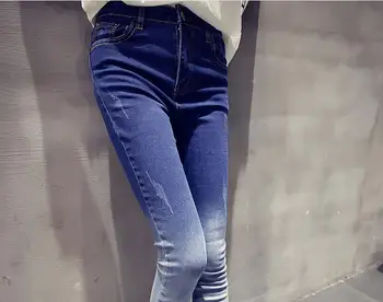 Fashion Casual Women Vintage High Waist Skinny Denim Jeans Gradient Color Slim Ripped Pencil Jeans Hole Pants Female Trousers