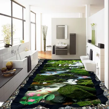 Forest Falls Crane Carp huge 3D floor painting thickened self-adhesive living room bathroom bedroom flooring mural