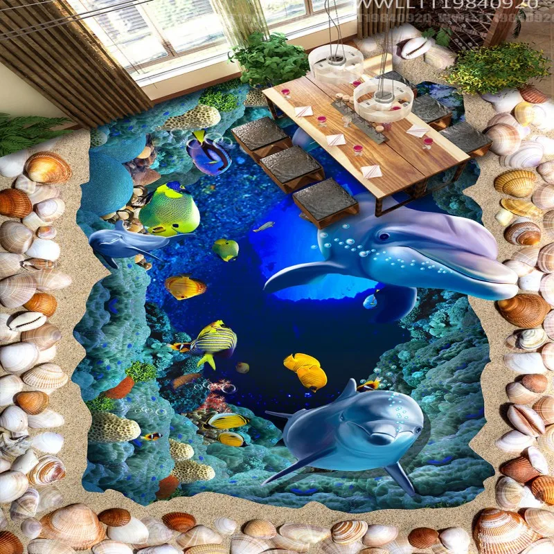 Custom 3D cartoon floor painting Sea World Dolphin aquarium school show hall floor wallpaper mural