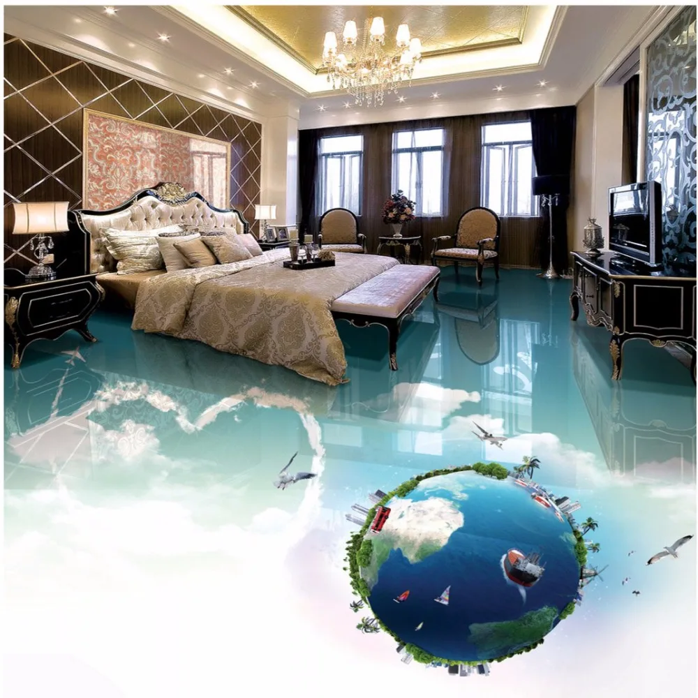 3D stereo romantic sky blue sky white cloud fantasy earth floor sticker bathroom living room floor painting mural