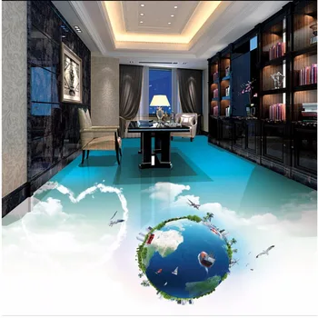 3D stereo romantic sky blue sky white cloud fantasy earth floor sticker bathroom living room floor painting mural