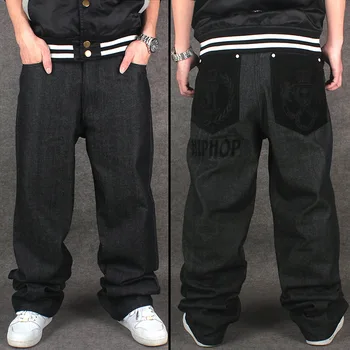 Hip Hop Black Baggy Jeans Men Hiphop Streetwear Plus Size Mens Embroidery Street Dance Denim Pants New 2017 Skateboarder Jeans