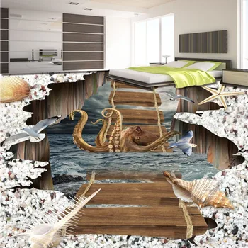 Rafting sea octopus wooden bridge 3d flooring thickened waterproof bedroom living room bathroom flooring mural