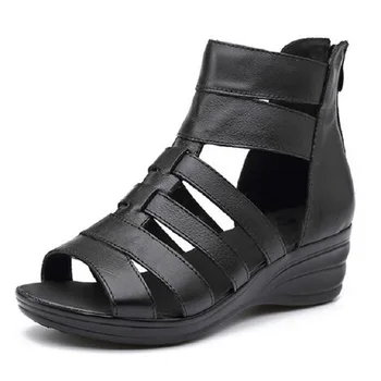 2017 New Ladies Gladiator Sandals Women Genuine Leather Shoes Woman Cut Outs Women Sandals Open Toe Wedge Sandals Summer Shoes