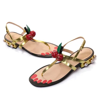 New Summer Sandals Women Split Leather Square heel Gold Black Buckle String Bead Women Casual shoes Solid color Flip flops