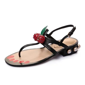 New Summer Sandals Women Split Leather Square heel Gold Black Buckle String Bead Women Casual shoes Solid color Flip flops