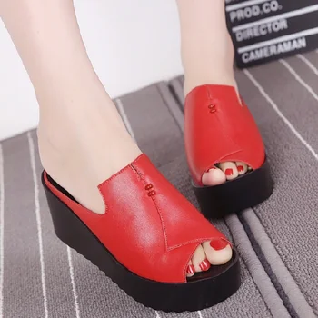 Women Sandals 7.5cm Platform Wedges Women's Shoes Thick Heel Sandals Genuine Leather Summer Slide Shoes Plus Size 34-41