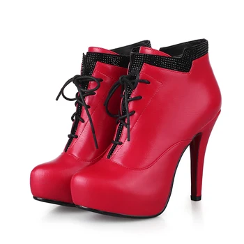 Chinese party style comfortable round toe ankle boots fashion lace up diamond zipper black red high-heeled women's riding boots