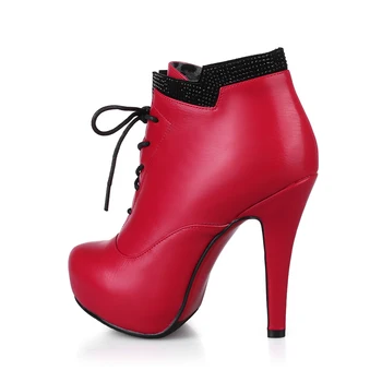 Chinese party style comfortable round toe ankle boots fashion lace up diamond zipper black red high-heeled women's riding boots