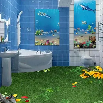 Lawn plant insects European living room 3D floor stereo moisture-proof anti-skidding bathroom mural wallpaper