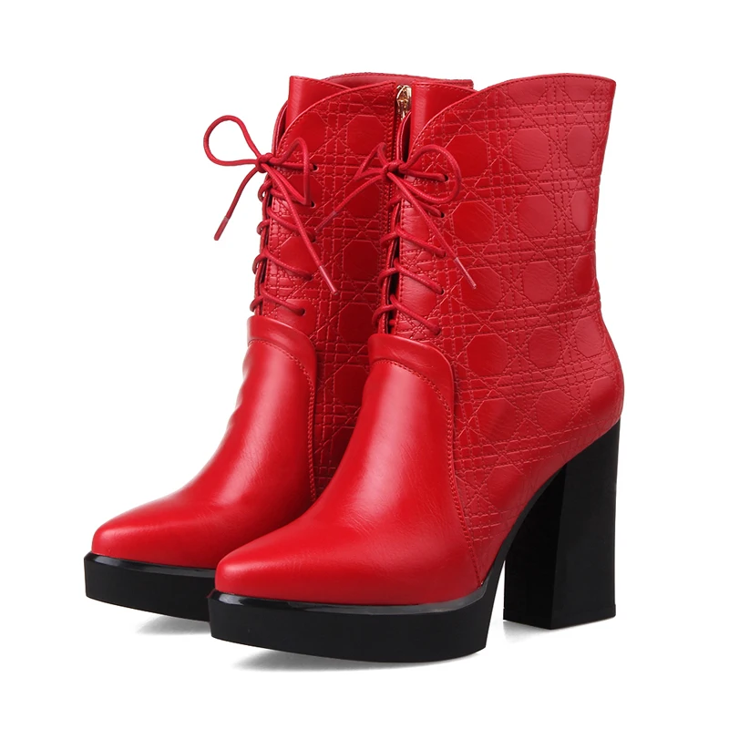 European street style sexy pointed toe mid calf boots fashion lace-up platform black red high-heeled women's riding boots
