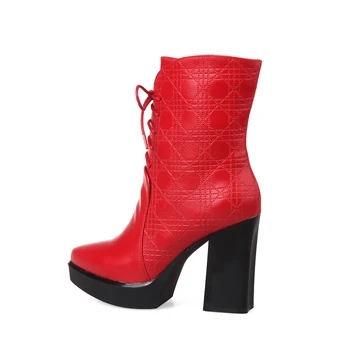 European street style sexy pointed toe mid calf boots fashion lace-up platform black red high-heeled women's riding boots