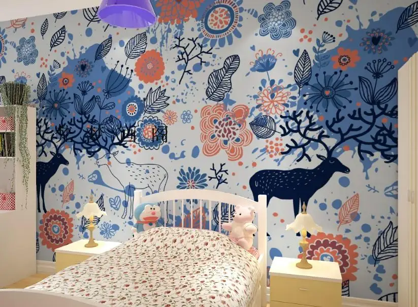 Children room bedroom wallpaper non-woven wallpaper blue fawn painting background sofa wallpaper mural