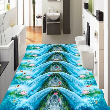 3D flooring photo Waterfall Lotus Carp Flower Petal Bathroom Walkway Kitchen wear floor wallpaper mural