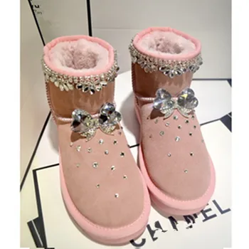 Women's Natural Real Fur Snow Boots Genuine Leather women Boots Female Winter Shoes with crystal decoration