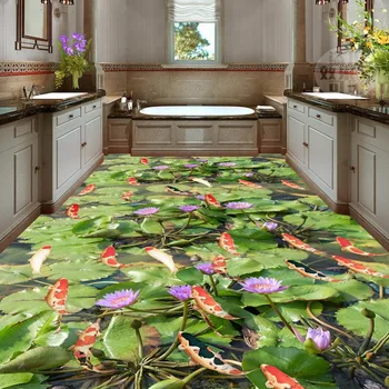 Flower carp lotus leaf 3d floor painting non-slip bedroom kitchen restaurant bathroom flooring wallpaper mural