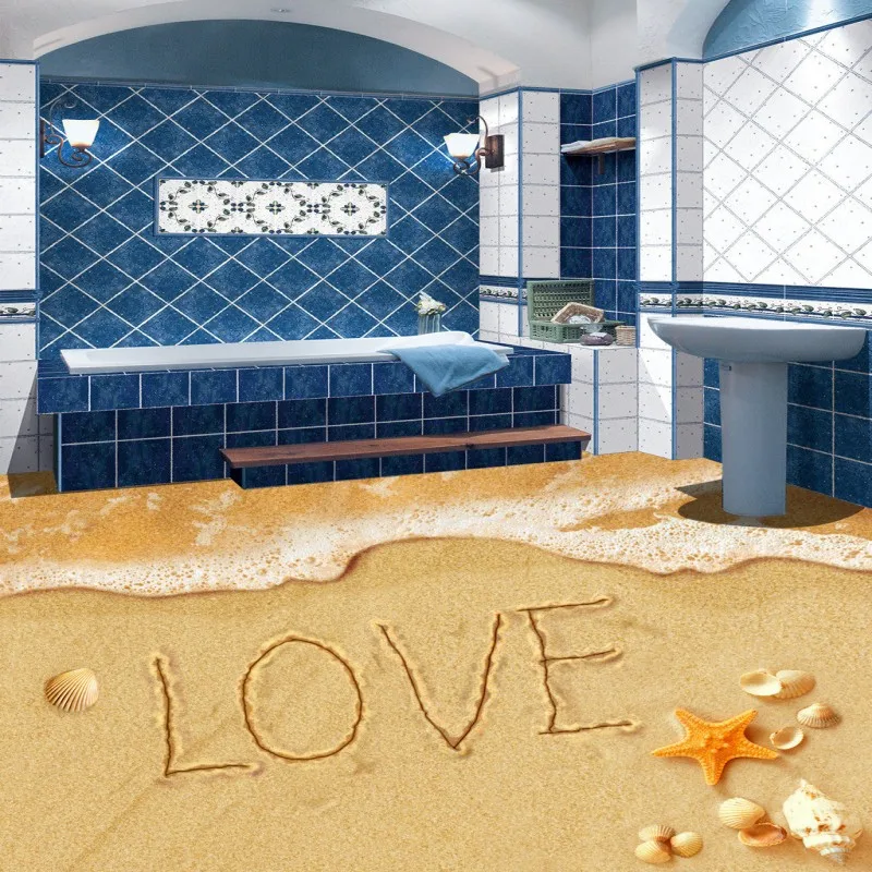 Non-slip waterproof floor mural Romantic beach bathroom kitchen 3D floor wallpaper