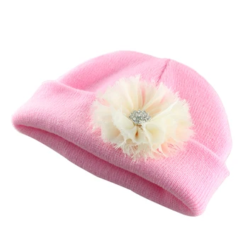 New 2017 Newborn Girl Pink Beanie with Pink Frayed Flower Nursery Hospital Hat baby hat