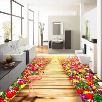 Tulip Flower Garden 3D Floor custom anti-skidding thickened bathroom chinese style mural wallpaper flooring