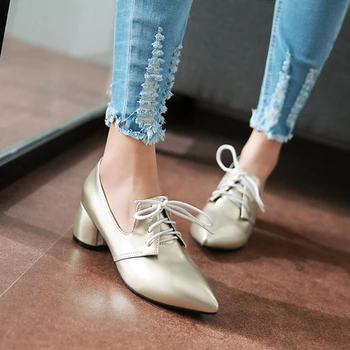 2017 Spring new women shoes lace-up pointed end Mid heel casual Shallow mouth Comfortable