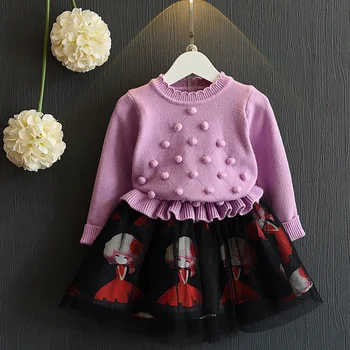 2017 New Autumn Dresses For Girls Knitting O-neck Long Sleeved Causal Fashion Children Clothes Lace Princess Dress