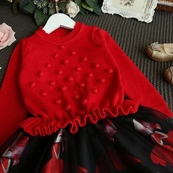 2017 New Autumn Dresses For Girls Knitting O-neck Long Sleeved Causal Fashion Children Clothes Lace Princess Dress