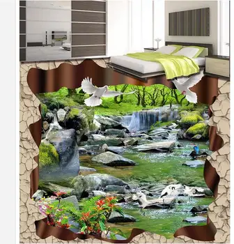 3d floor painting wallpaper Alpine flowing water tree stone pigeon 3D floor pvc floor wallpaper