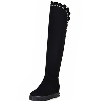 ENMAYER Women Boots Size 34-43 Solid Women Shoes Over the Knee Boots Platform Suede Rhinestone Round Toe Long Boots