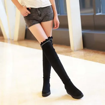 ENMAYER Women Boots Size 34-43 Solid Women Shoes Over the Knee Boots Platform Suede Rhinestone Round Toe Long Boots