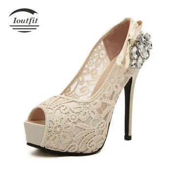 Ioutfit 2017 New Women Summer Shoes Platform Pumps Sexy High Heels Lace Bridal Sandals Rhinestones Peep Toe Zapatos Mujer 35-41