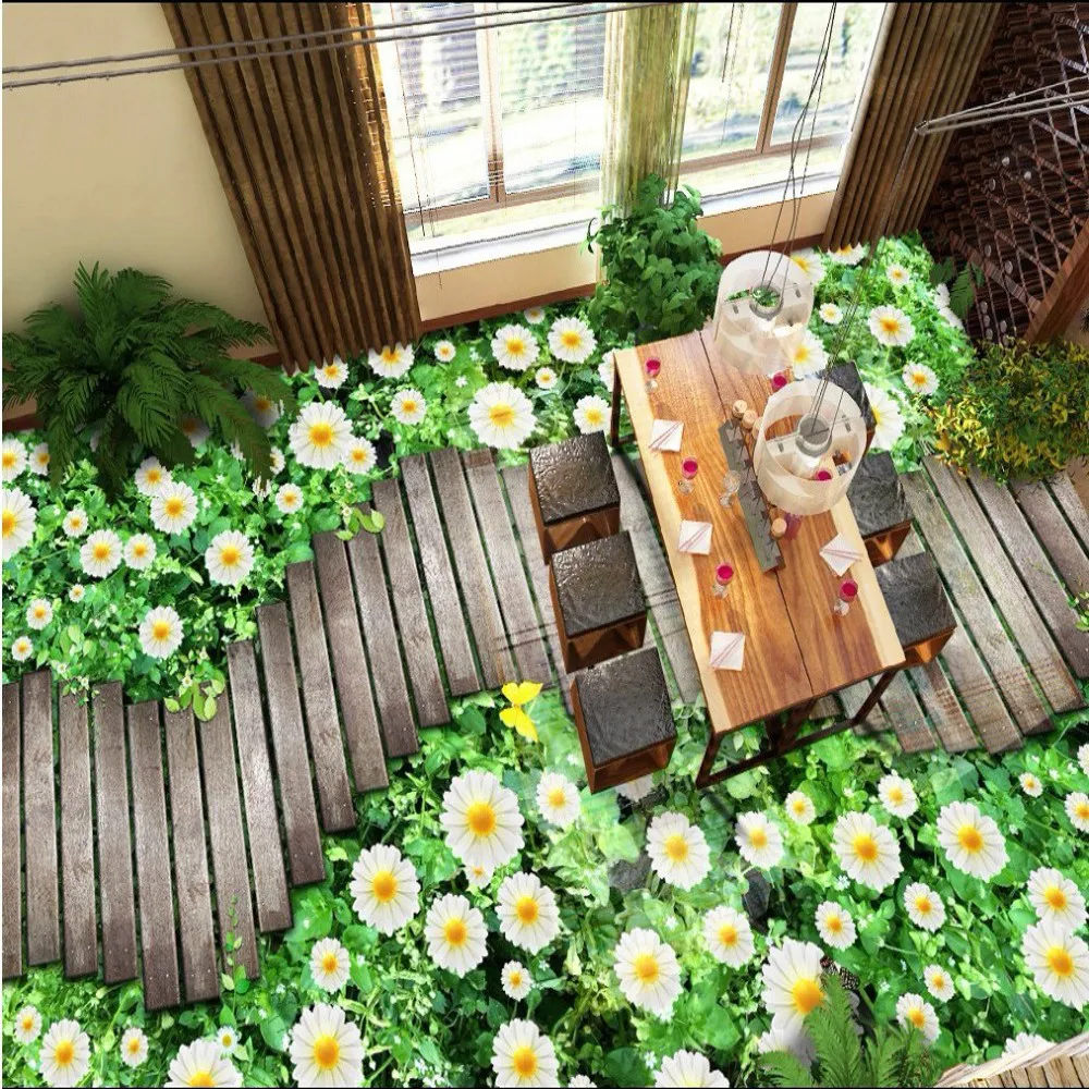 Custom stereo flower wood board road 3D floor self-adhesive wallpaper garden scenery floor mural