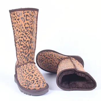Leopard Knee Snow Boots For Women Sliver Pattern Print 2017 New Genuine Leather Fur Shoes Woman Botas Para La Nieve Mujeres