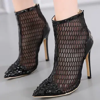 Ioutfit Shoes Woman Summer 2017 New Superstar Women's Mesh Sandals Rivet Pointed Toe Sexy Black Ankle Boots Pumps Thin Heel 12cm