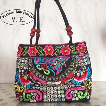 National trend embroidery bags Women double faced flower embroidered one shoulder bag Small handbag