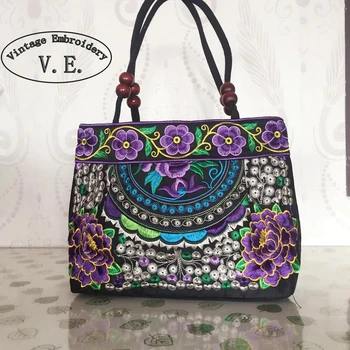 National trend embroidery bags Women double faced flower embroidered one shoulder bag Small handbag