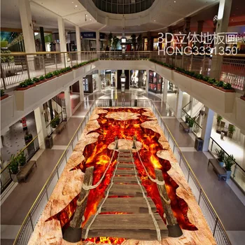 Walkway exhibition hall living room volcanic wooden bridge 3D flooring painting self-adhesive wallpaper mural
