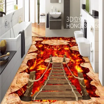 Walkway exhibition hall living room volcanic wooden bridge 3D flooring painting self-adhesive wallpaper mural